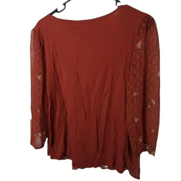 LC Lauren Conrad 3/4 Clipped Floral Dot Blouse in Rust Orange sz L NWT - Picture 4 of 8
